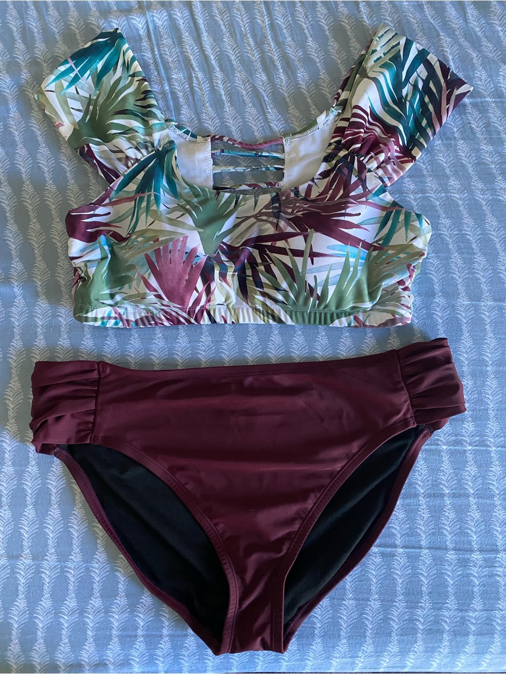 Swimsuits For All • Tropical Leaf Crop Top with Matching Burgundy Bikini Bottom